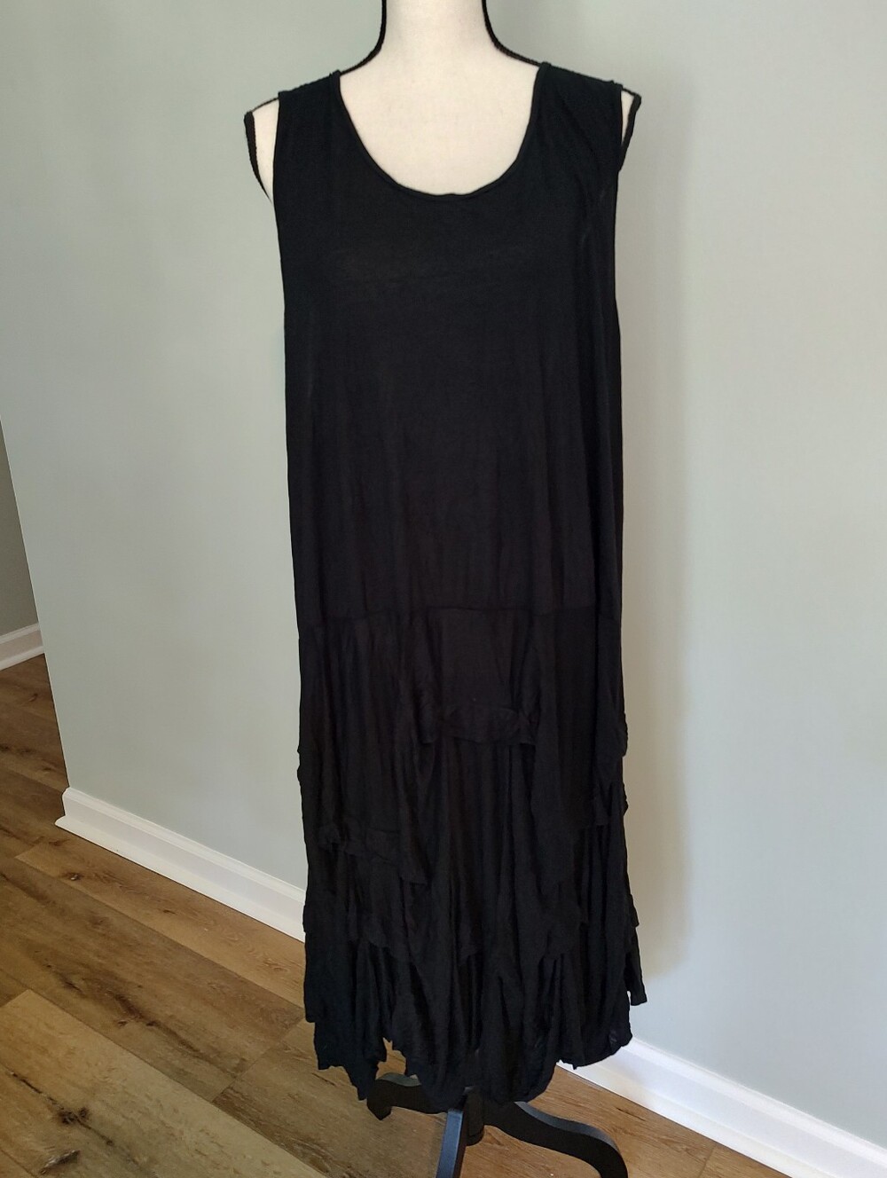 Comfy USA Lagenlook Asymmetrical Ruffle Hem Maxi Tank Dress Goth Black 2X